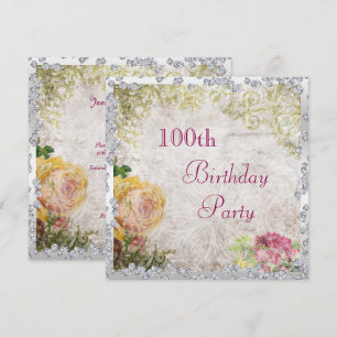 Invitation Élégant Shabby Chic Roses & Diamants 100ème