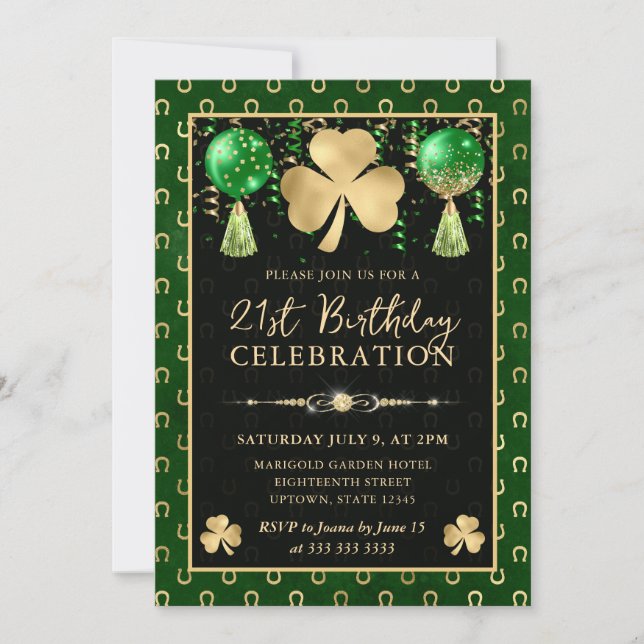 Invitation Elégant Shamrock Vert et Or 21e anniversaire (Devant)