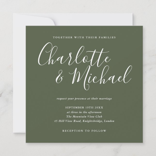 Invitation Élégant signature Script Mariage vert olive (Devant)