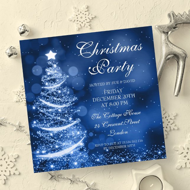 Invitation Élégant Silver & Blue Christmas Party Étincelante (Elegant Silver & Blue Christmas Party Sparkle Invitation)