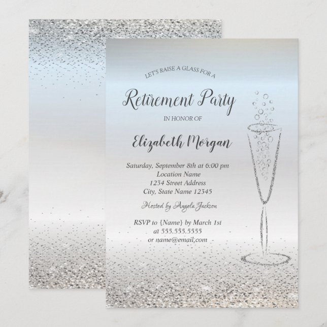 Invitation Élégant Silver Confetti Glass Retraite Argent (Devant / Derrière)
