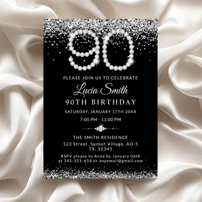 Invitation Elegant Silver Diamonds 90th Birthday Party (Elegant Diamonds 90th Birthday Invitation)