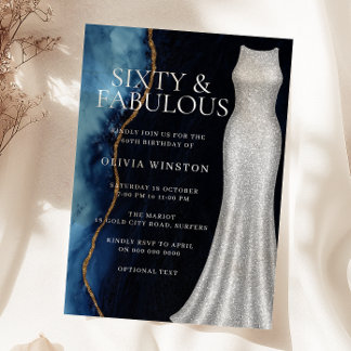Invitation Elegant Silver Dress & Navy 60th Birthday Party