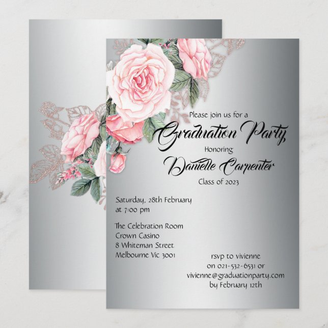 Invitation Élégant Silver et rose Floral Graduation (Devant / Derrière)