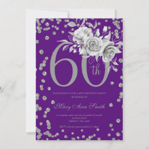 Invitation Elégant Silver Floral 60e anniversaire fête violet