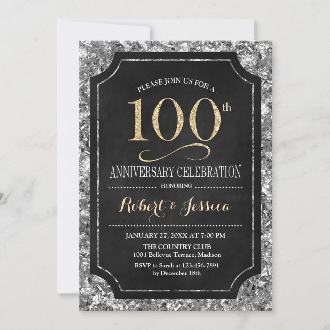 Invitation Elégant Silver Gold Black 100e anniversaire (Devant)