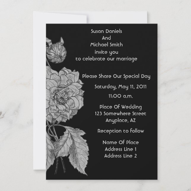 Invitation Elégant Silver Peony Black Floral Mariage Invitati (Devant)