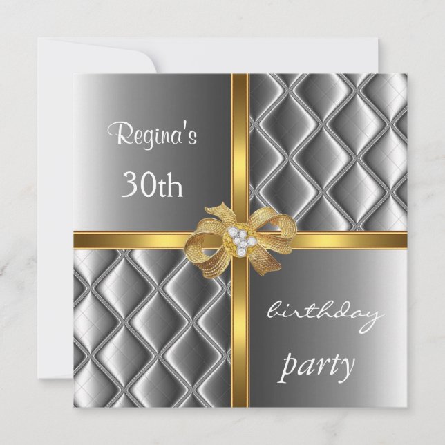 Invitation Elegant Silver Silk Gold Bow Diamond (Devant)