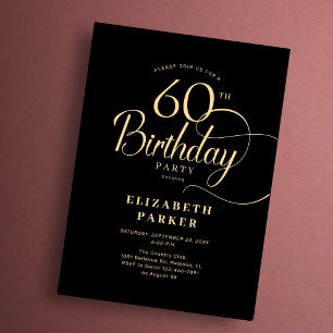 Invitation Elégant Simple Anniversaire 60 ans Noir et Or Scri