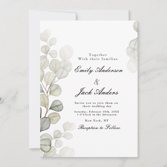 Invitation Elégant simple aquarelle Eucalyptus mariage (Devant)