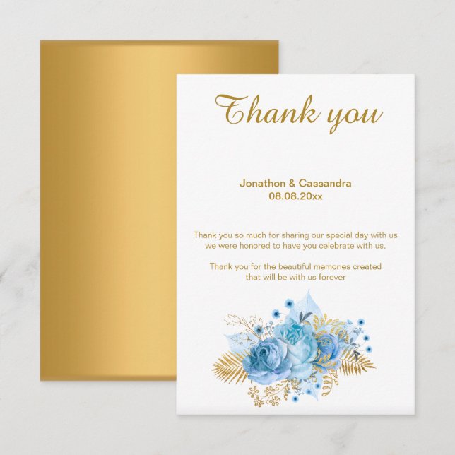 INVITATION ÉLÉGANT SIMPLE BLEU FLORAL OR REVERS MERCI (Devant / Derrière)