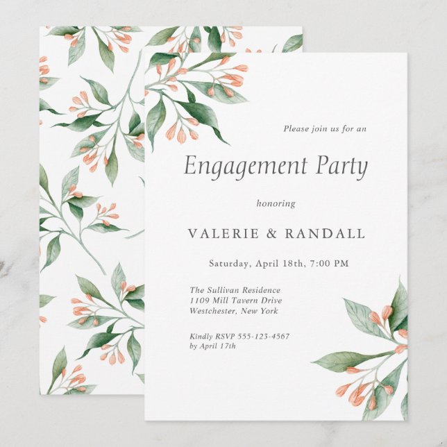 Invitation Élégant Simple Botanical Engagement Party (Devant / Derrière)