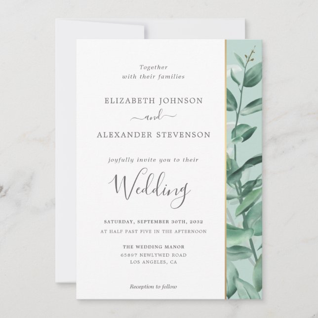 Invitation Elégant simple eucalyptus vert mariage moderne (Devant)