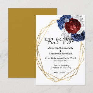 INVITATION ÉLÉGANT SIMPLE FLEUR BLEU MARINE ROUGE OR RSVP