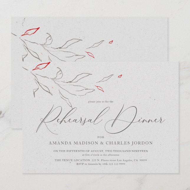 Invitation Elégant simple gris & fleurs rouges Rehearsal Dîne (Devant / Derrière)