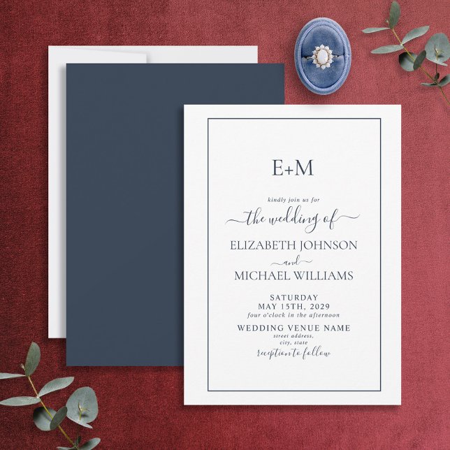 Invitation Élégant simple marine bleu Mariage de monogramme o (Créateur téléchargé)