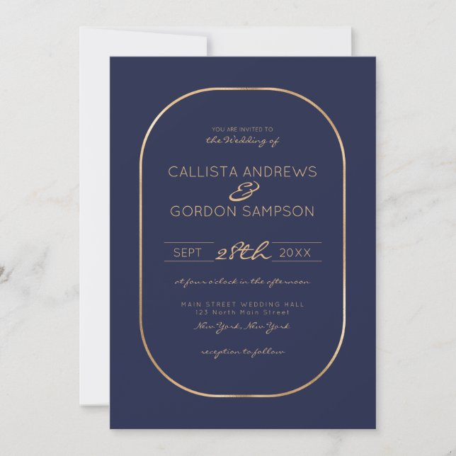 Invitation Elégant simple Marine bleu or Oval Mariage frontiè (Devant)