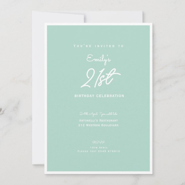 Invitation Elegant Simple Mint Modern 21st Birthday Party (Devant)