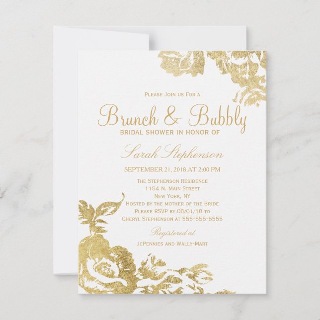 Invitation Élégant Simple Moderne Floral Or Brunch Bubbly (Devant)