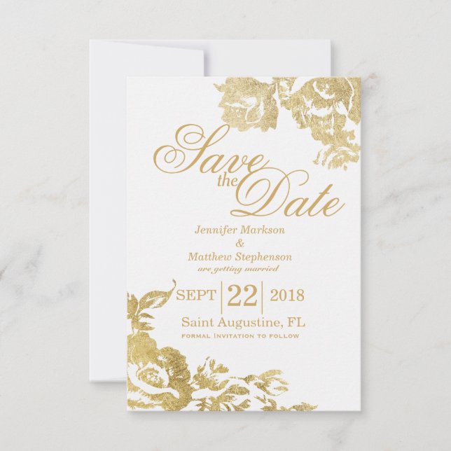 Invitation Élégant Simple Moderne Rose Floral Or Sauvegarder  (Devant)