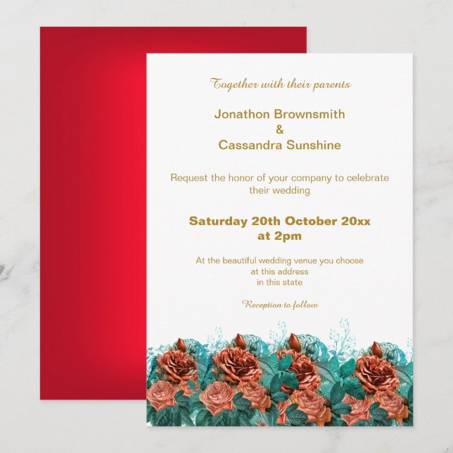 INVITATION ÉLÉGANT SIMPLE OR ROUGE FLORAL SIMPLE MARIAGE (Devant / Derrière)