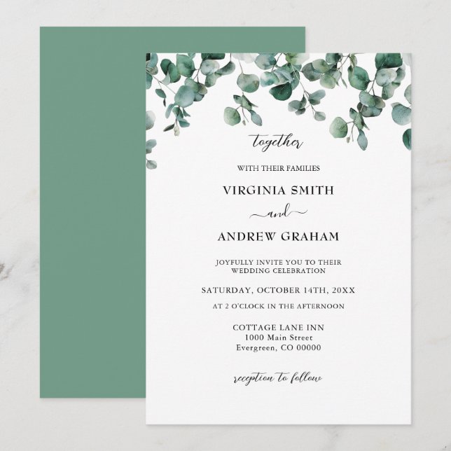 Invitation Elégant simple Rustique Eucalyptus Mariage de verd (Devant / Derrière)