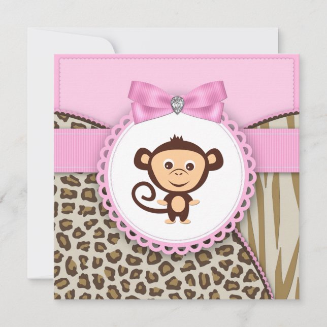 Invitation Elégant Singe Rose Baby Girl Douche (Devant)