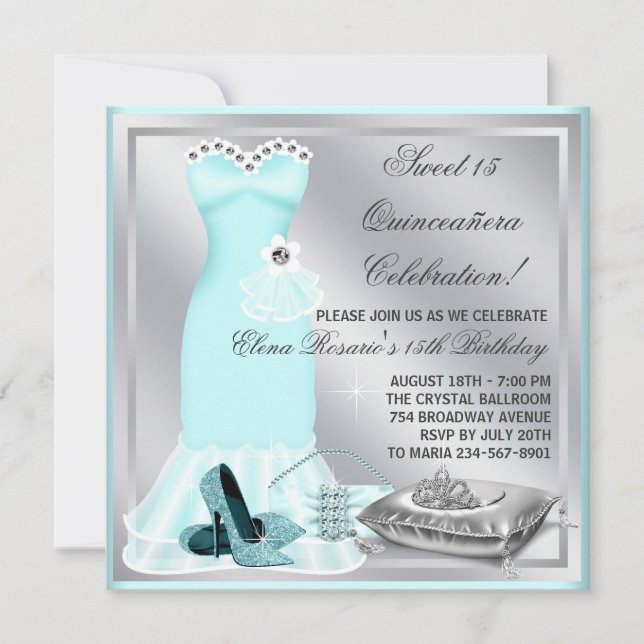 Invitation Elégant Sivler et Turquoise Blue Quinceanera (Devant)