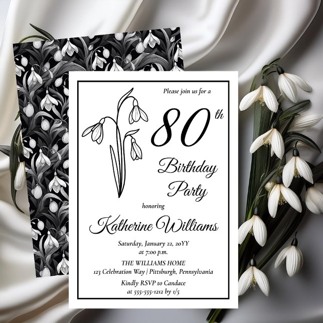 Invitation Elégant Snowdrops 80ème anniversaire (Elegant January Birth Month Snowdrops Floral "80th Birthday Party" Invitations -- Print | Download)