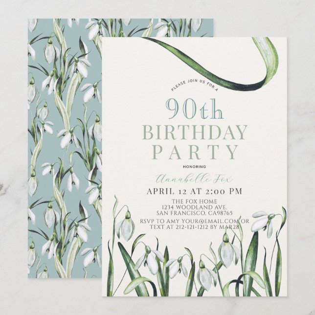Invitation Elégant Snowdrops Aquarelle 90e Anniversaire (Devant / Derrière)