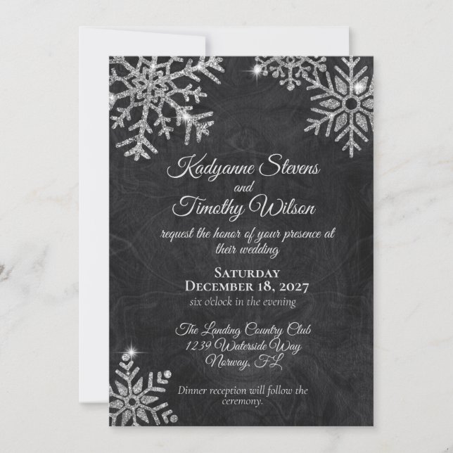 Invitation Élégant Snowflakes Diamond sur Mariage noir (Devant)