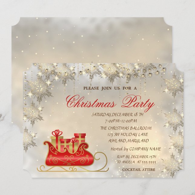 Invitation Élégant Snowflakes Gold, Christmas Sleigh Party (Devant / Derrière)