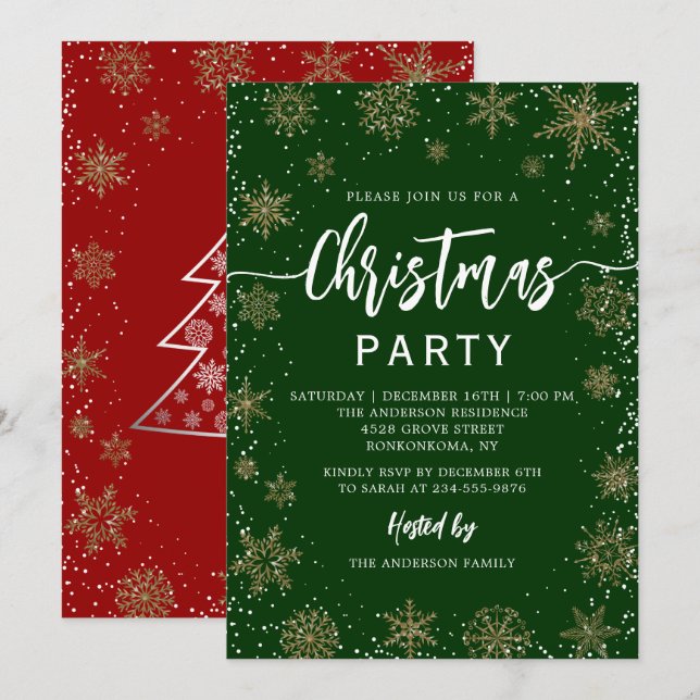 Invitation Élégant Snowflakes Green Red Christmas Party (Devant / Derrière)