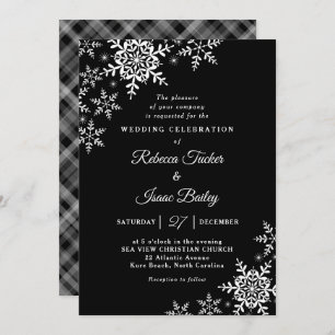 Invitation Élégant Snowflakes Plaid Black & White Mariage