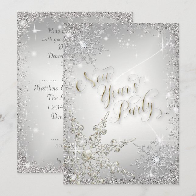 Invitation Élégant Snowflakes Silver Sparkle fête du Nouvel A (Devant / Derrière)