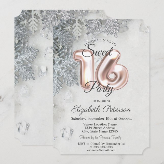 Invitation Élégant Snowflakes Sweet 16 (Devant / Derrière)