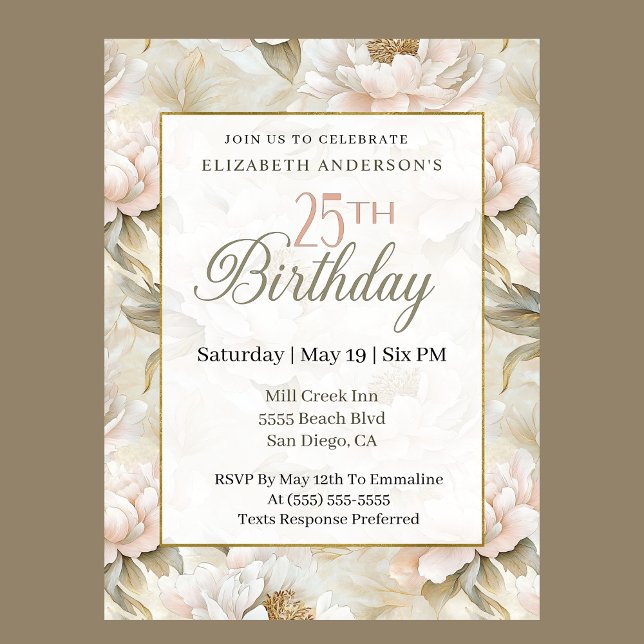Invitation Elegant Soft Pink Ivory Peony 25th Birthday  (Créateur téléchargé)