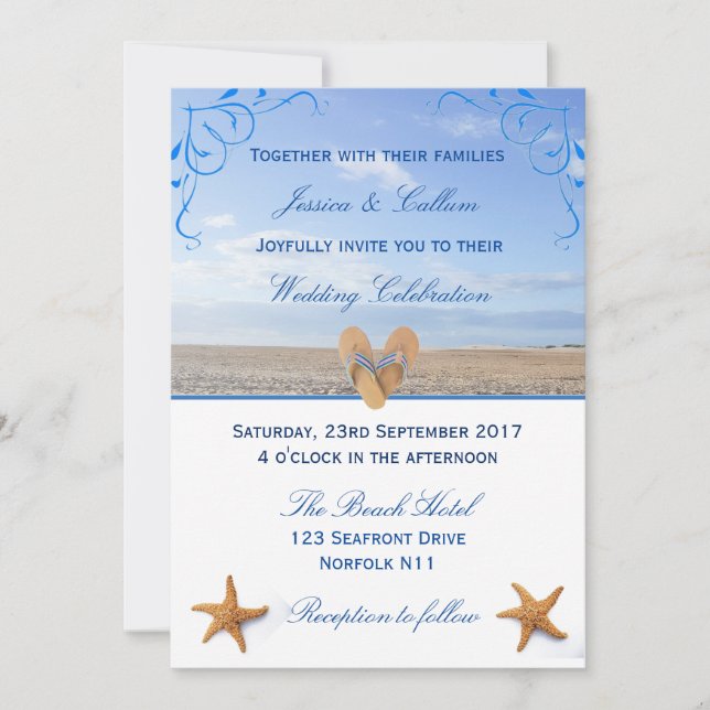 Invitation Elégant Starfish & Flip Flops Plage Mariage (Devant)