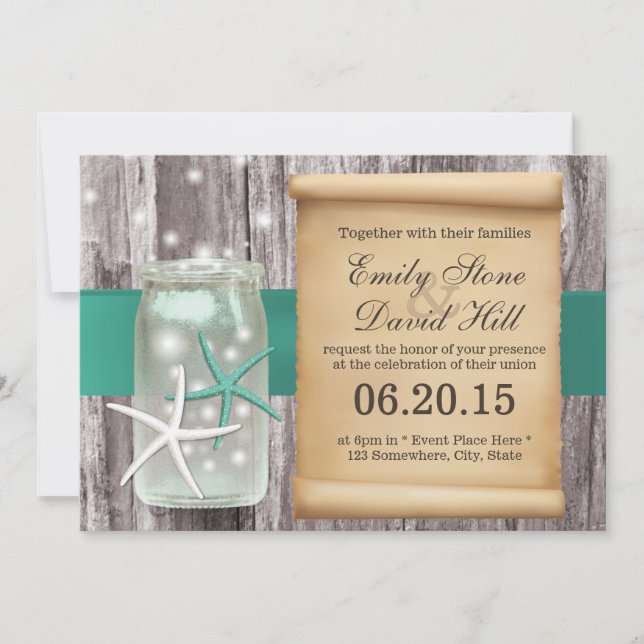 Invitation Elégant Starfish & Mason Jar Beach Mariage (Devant)