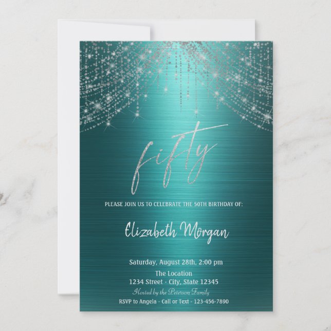 Invitation Elegant String Lights Green Metallic 50th  (Devant)