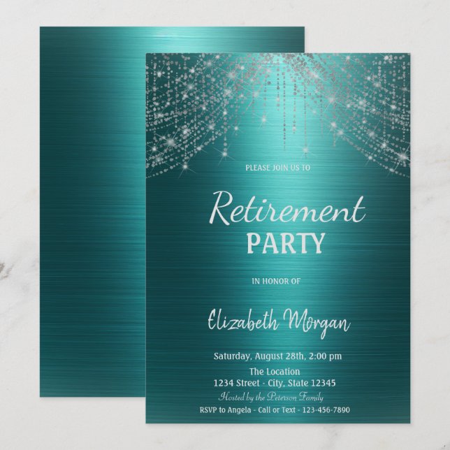 Invitation Elegant String Lights Green Metallic Retirement  (Devant / Derrière)
