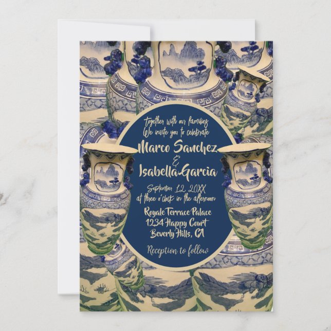 Invitation Élégant style chinoiserie bleu et blanc mariage (Devant)