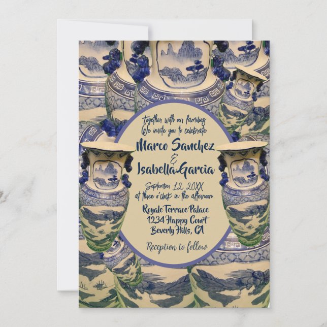 Invitation Élégant style chinoiserie bleu et blanc mariage (Devant)