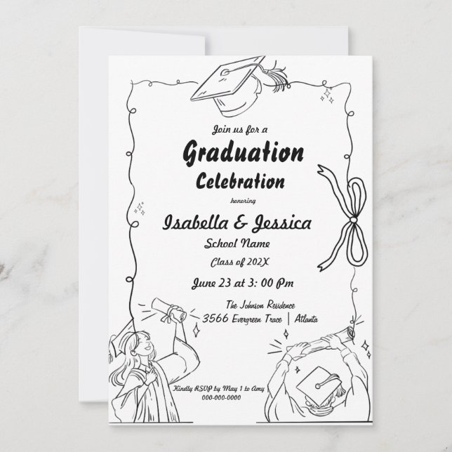 Invitation Élégant style Doodle Main Drawn Twin Graduation (Devant)