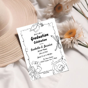 Invitation Élégant style Doodle Main Drawn Twin Graduation