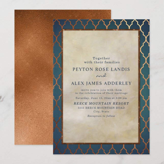 Invitation Elégant Style Gold Turquoise Cuivre Mariage Invita (Devant / Derrière)