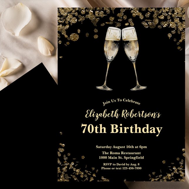Invitation Elegant Stylish Black and Gold 70th Birthday  (Créateur téléchargé)