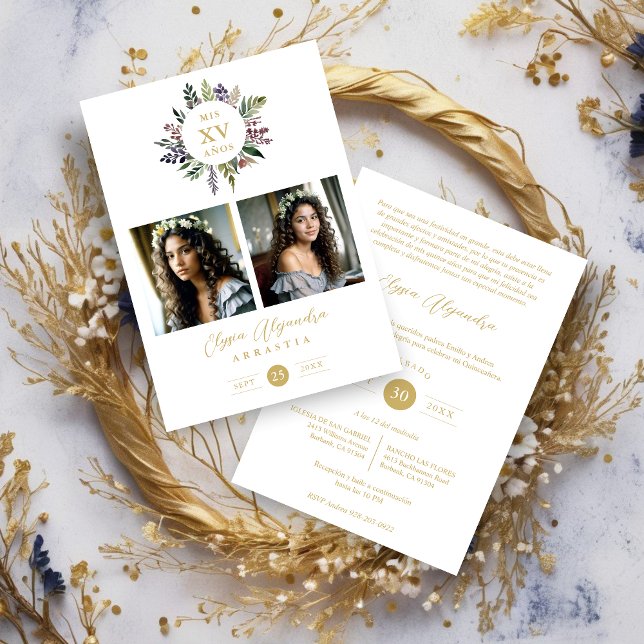 Invitation Elegant Stylish CIrcular Shape Mis XV años Floral  (Spanish Elegant Modern Stylish Shape Mis XV años Floral Anagram 2 Photos Collage Invitation Card.)