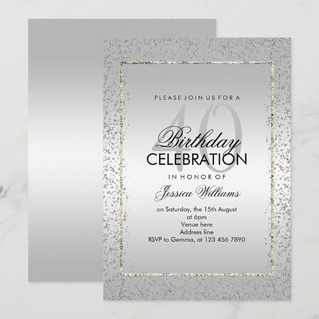 Invitation Elegant Stylish Silver Confetti 40th Birthday (Devant / Derrière)