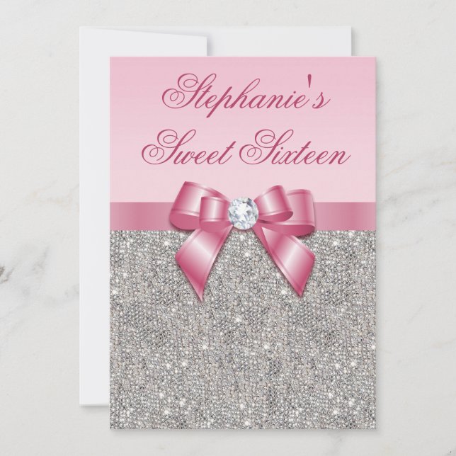 Invitation Élégant sucré 16 Faux Séquins d'argent Bow rose (Devant)